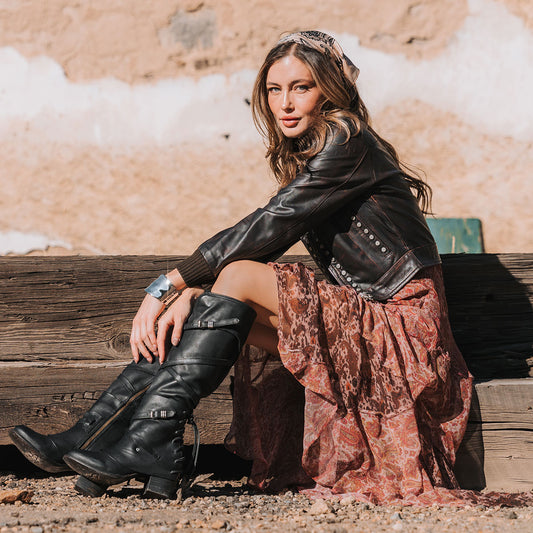 FREEBIRD women's Cassius black leather strappy tall boot with back lacing ankle overlay lifestyle