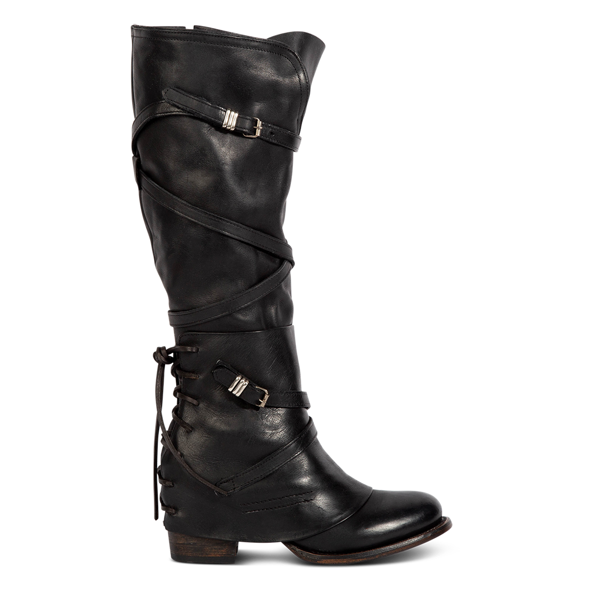 FREEBIRD women's Cassius black leather strappy tall boot with back lacing ankle overlay