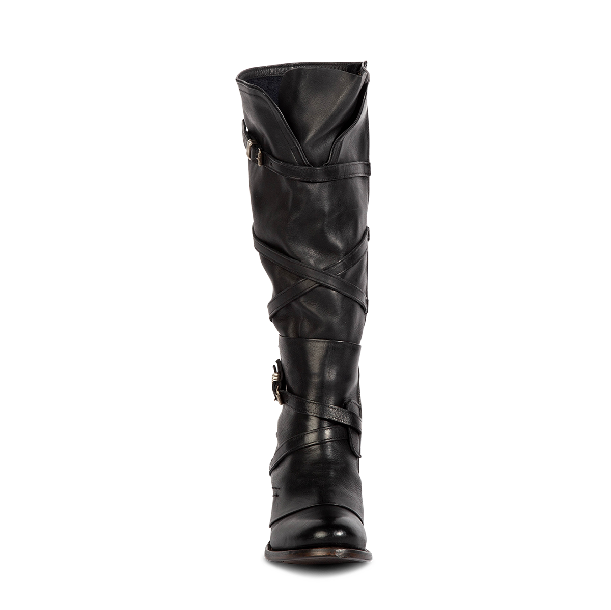 Front view showing crisscrossing leather shaft straps with silver hardware on FREEBIRD women's Cassius black leather tall boot