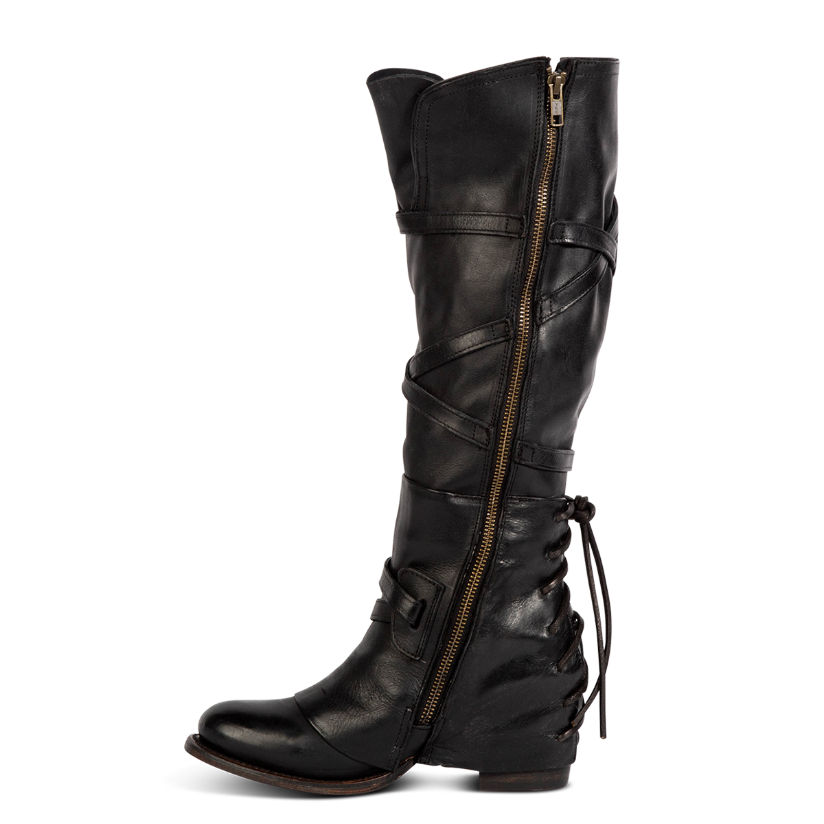 Inside view showing working brass zip closure and leather shaft straps on FREEBIRD women's Cassius black leather tall boot