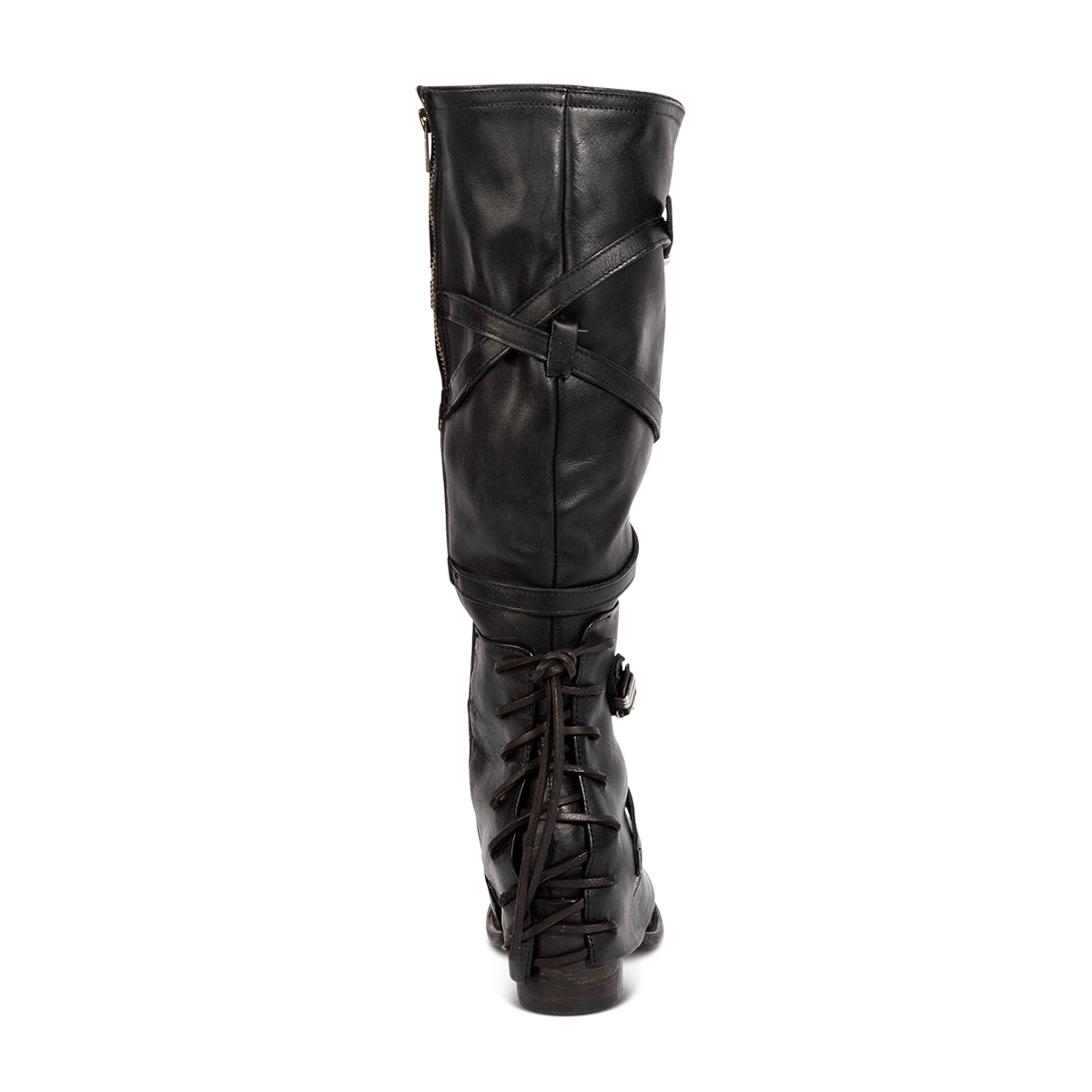 Back view showing leather shaft straps and lacing ankle overlay on FREEBIRD women's Cassius black leather tall boot