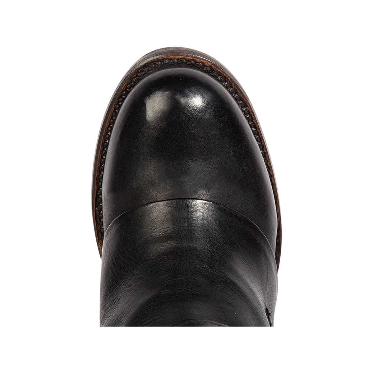 Top view showing a round toe construction on Freebird women's CASSIUS black leather tall boot