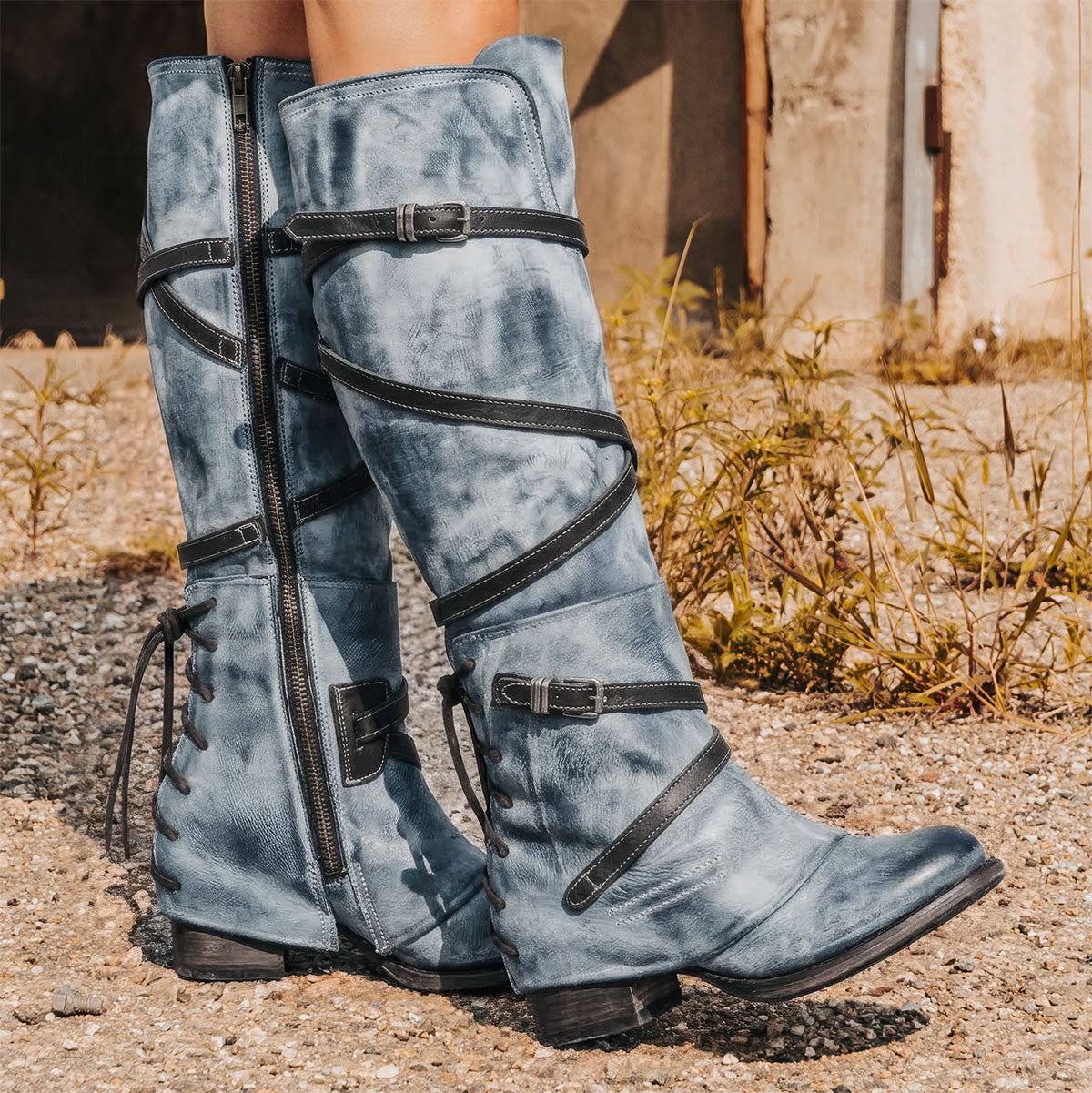 FREEBIRD women's Cassius blue strappy tall boot with back lacing ankle overlay
