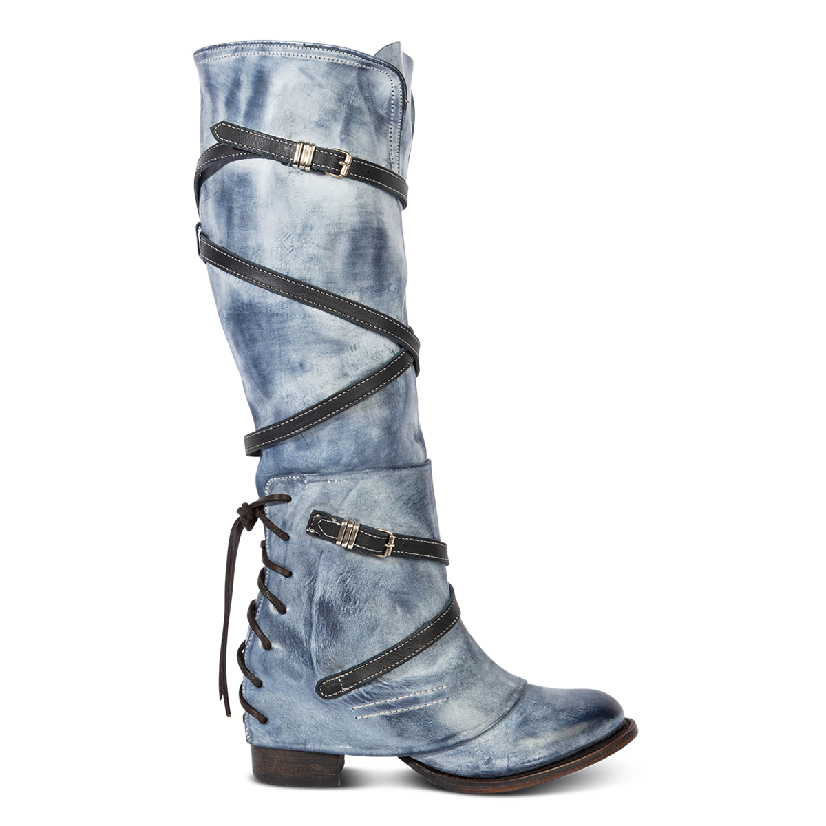 FREEBIRD women's Cassius blue strappy tall boot with back lacing ankle overlay