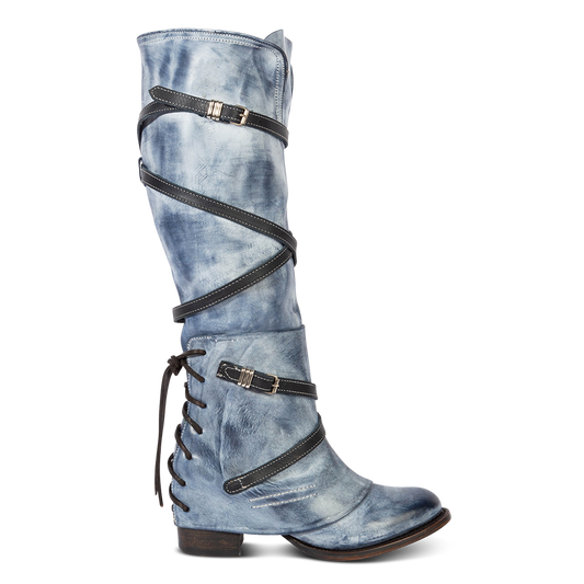 FREEBIRD women's Cassius blue strappy tall boot with back lacing ankle overlay