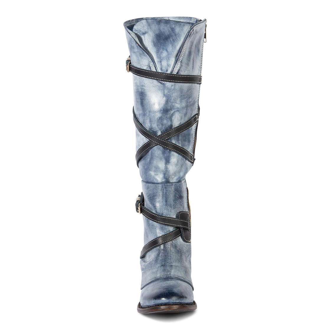 Front view showing crisscrossing leather shaft straps with silver hardware on FREEBIRD women's Cassius blue tall leather boot