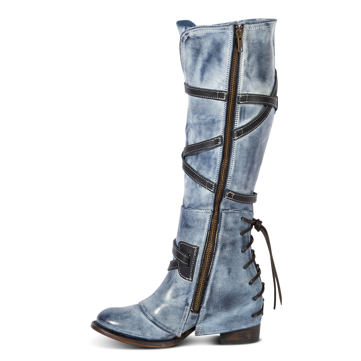 Inside view showing working brass zip closure and leather shaft straps on FREEBIRD women's Cassius blue tall leather boot