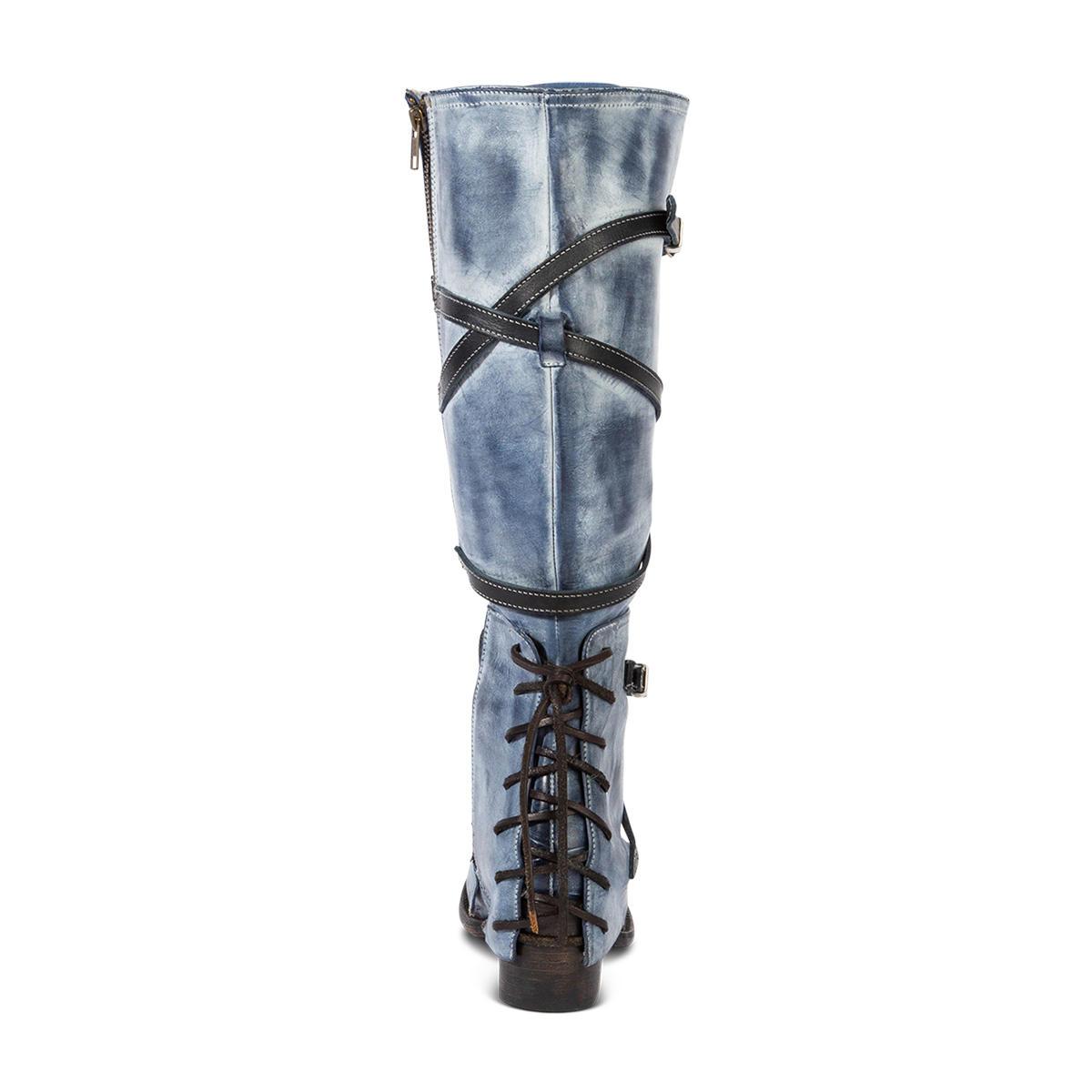 Back view showing leather shaft straps and lacing ankle overlay on FREEBIRD women's Cassius blue tall leather boot