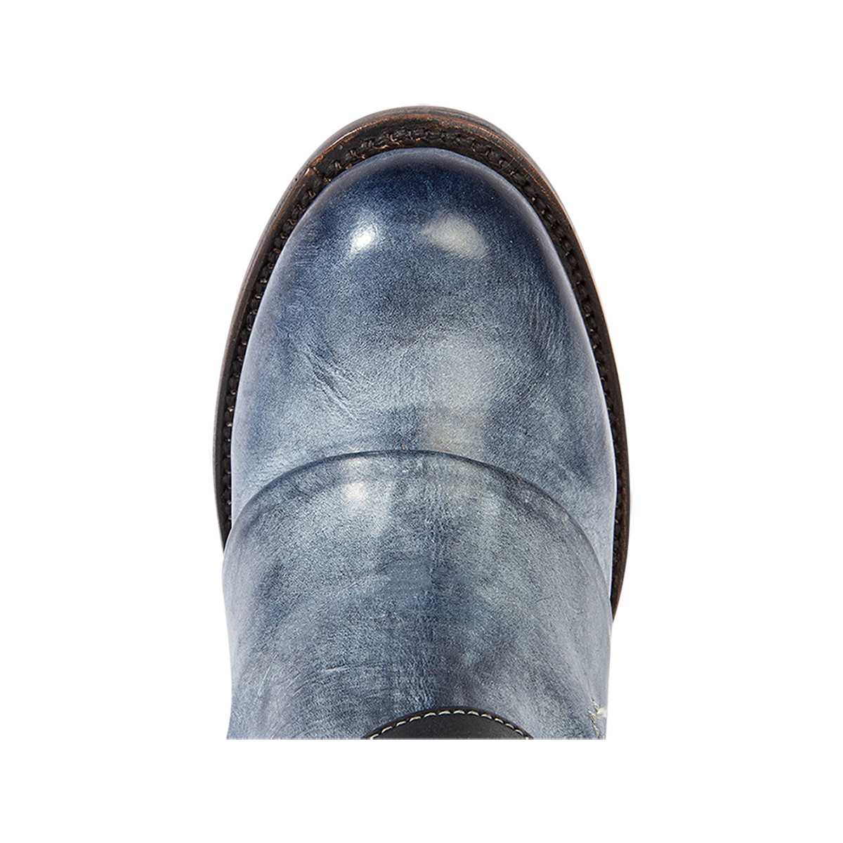 Top view showing a round toe construction on Freebird women's CASSIUS blue leather tall boot