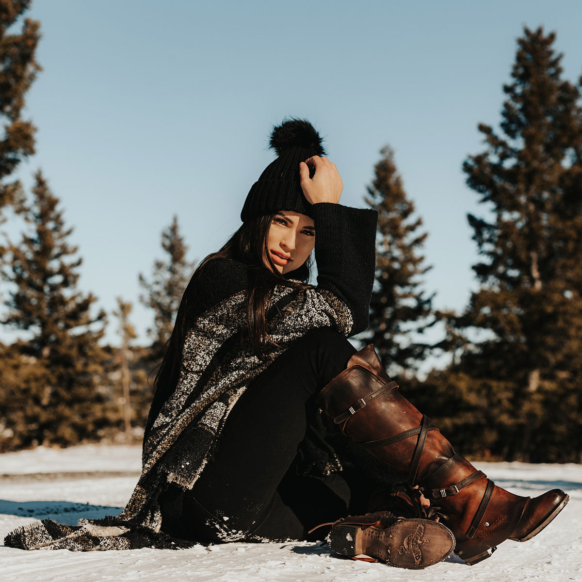 FREEBIRD women's Cassius brown distressed strappy tall boot with back lacing ankle overlay lifestyle image