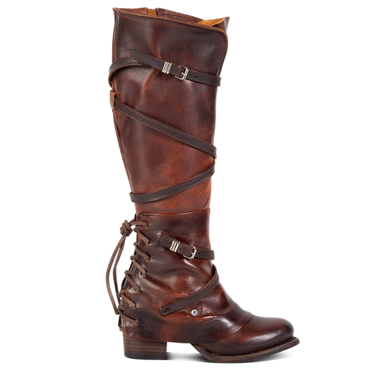 FREEBIRD women's Cassius brown distressed strappy tall boot with back lacing ankle overlay