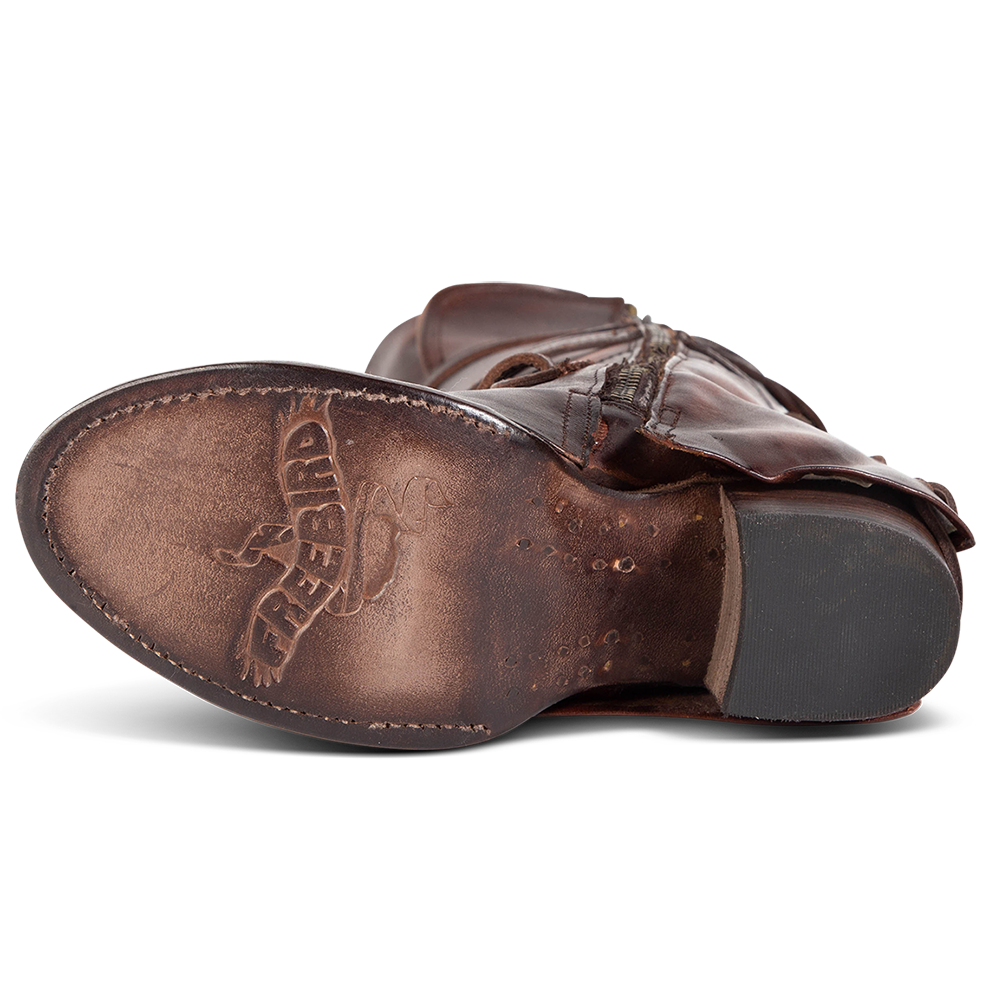 Leather sole imprinted with FREEBIRD on womens Cassius Brown Distressed tall leather boot