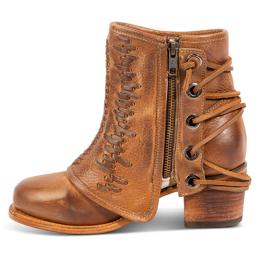 Inside view showing an inside working zipper, leather shaft overlay and back leather lacing on FREEBIRD women's Cedrick tan leather bootie