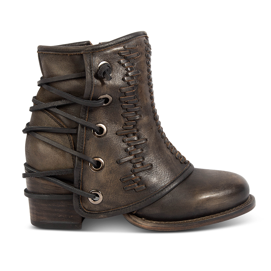 FREEBIRD women's Cedrick black distressed leather bootie with a leather shaft overlay, back leather lacing and round toe construction