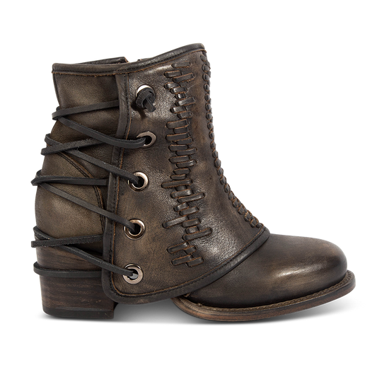 FREEBIRD women's Cedrick black distressed leather bootie with a leather shaft overlay, back leather lacing and round toe construction