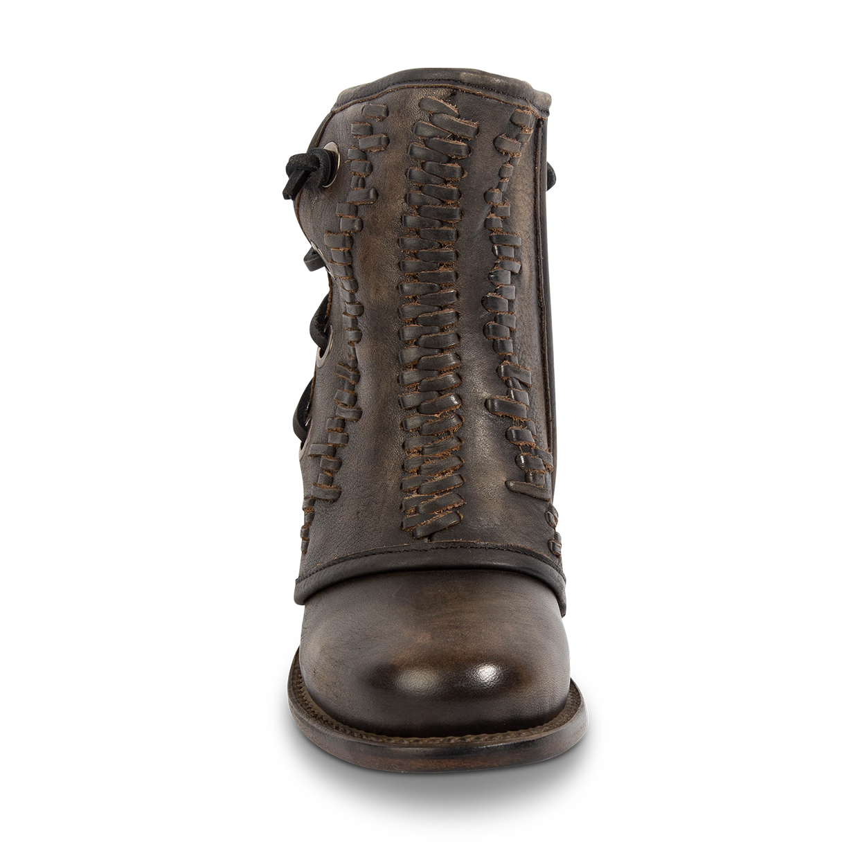 Front view showing FREEBIRD women's Cedrick black distressed leather bootie with a leather shaft overlay, round toe construction and Goodyear welt 