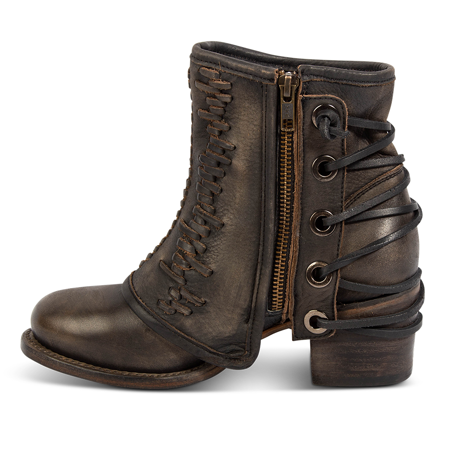 Inside view showing an inside working zipper, leather shaft overlay and back leather lacing on FREEBIRD women's Cedrick black distressed leather bootie