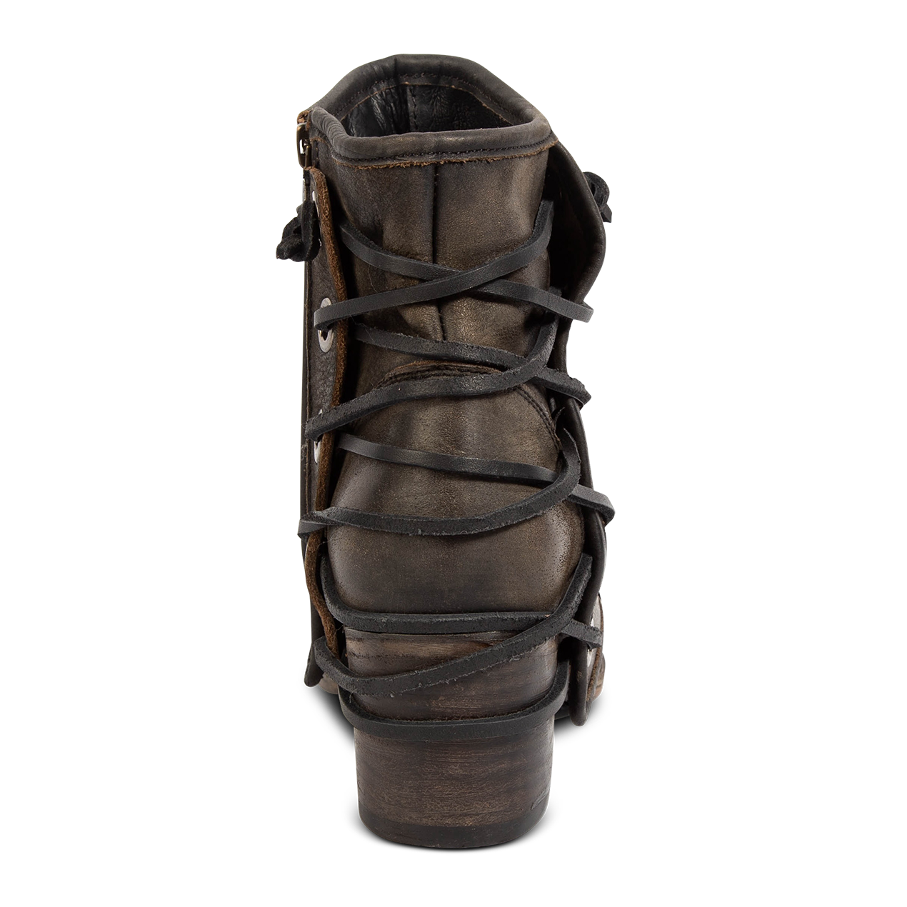 Back view showing leather lacing and stacked heel on FREEBIRD women's Cedrick black distressed leather bootie