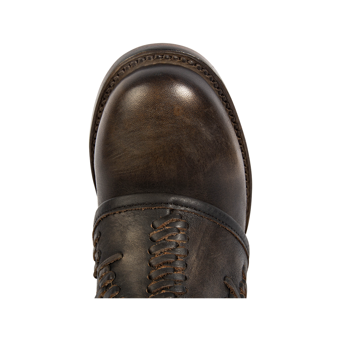 Top view showing a round toe construction on FREEBIRD women's Cedrick black distressed leather bootie