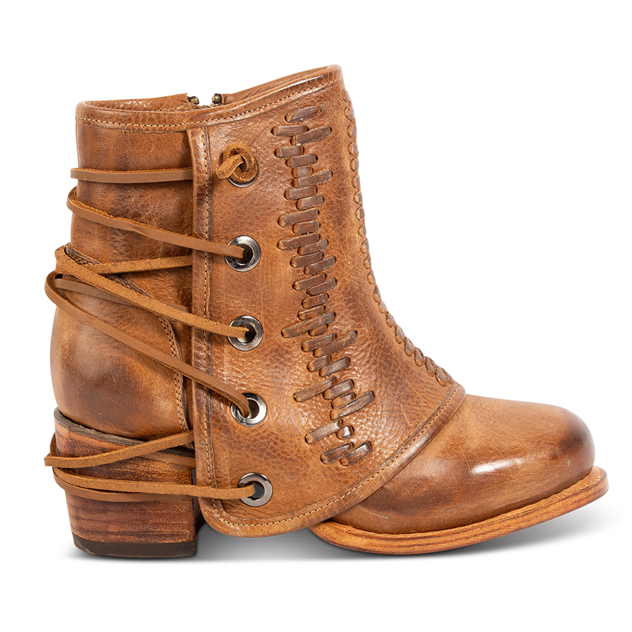 FREEBIRD women's Cedrick tan leather bootie with a leather shaft overlay, back leather lacing and round toe construction