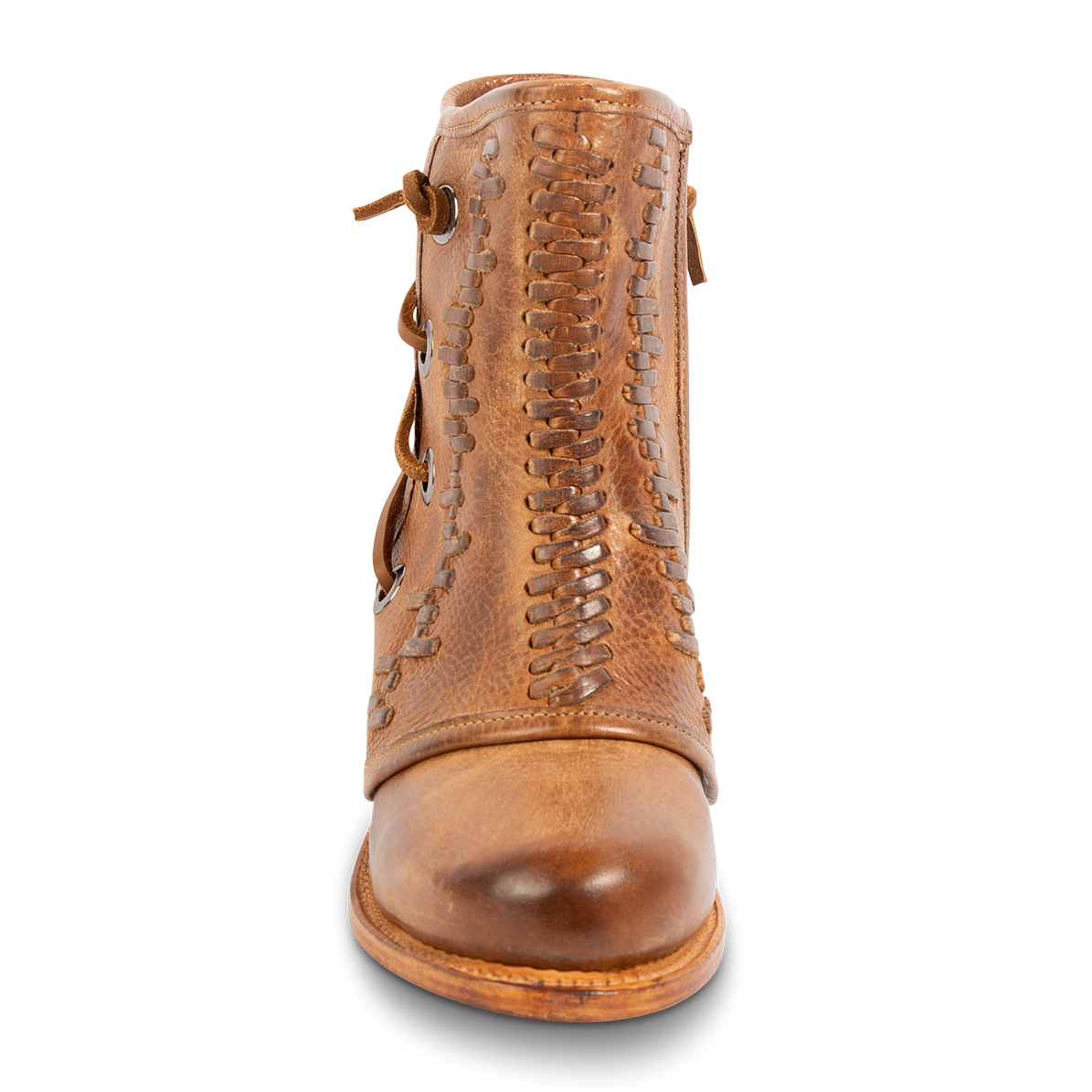 Front view showing FREEBIRD women's Cedrick tan leather bootie with a leather shaft overlay, round toe construction and Goodyear welt 
