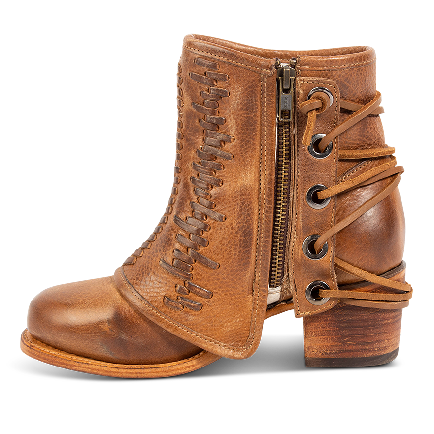 Inside view showing an inside working zipper, leather shaft overlay and back leather lacing on FREEBIRD women's Cedrick tan leather bootie