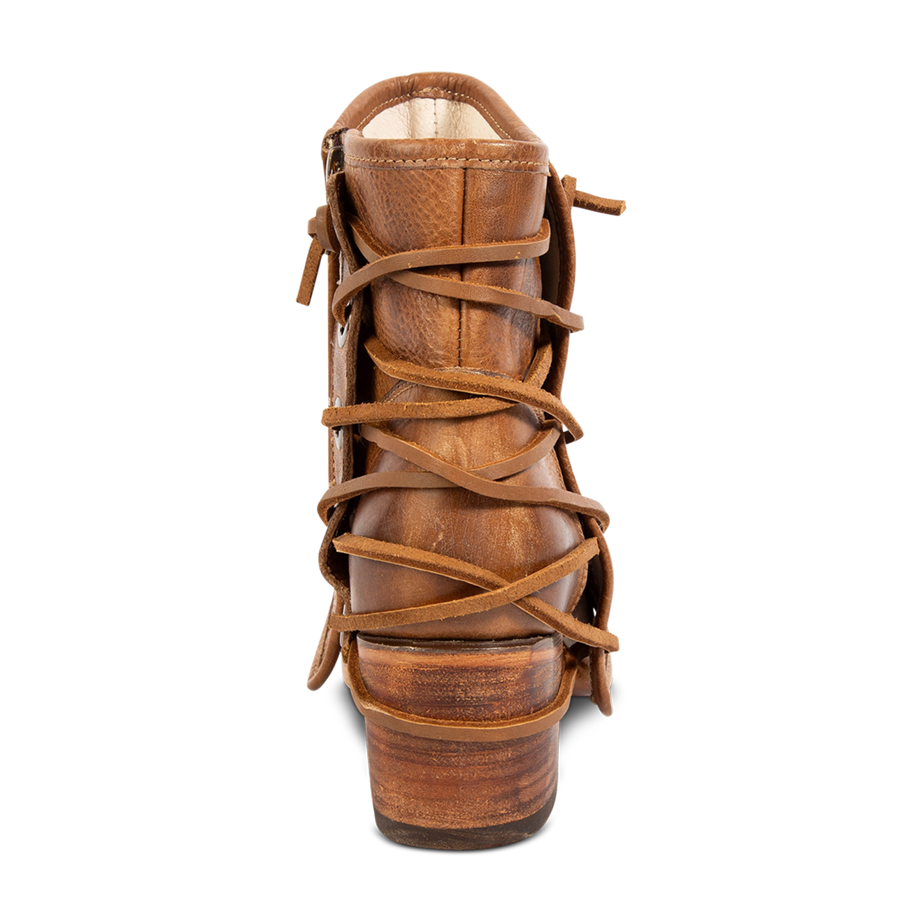 Back view showing leather lacing and stacked heel on FREEBIRD women's Cedrick tan leather bootie