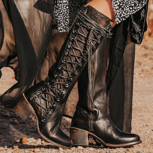 FREEBIRD women's Chapelle black multi embossed side panel adjustable leather lacing inside zip tall leather boot