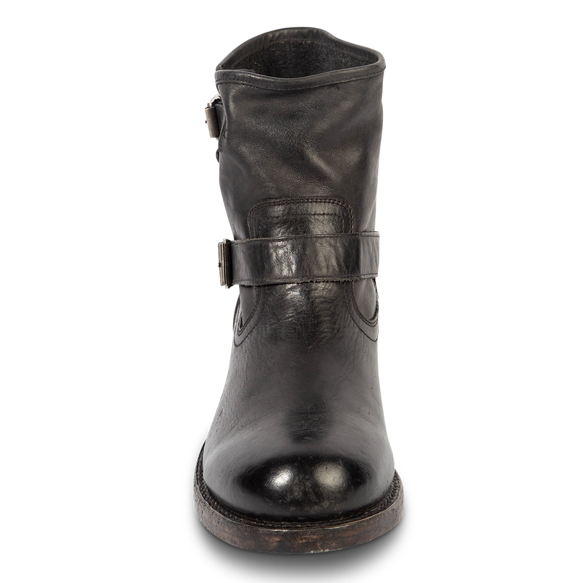 Front view showing in-step leather strap on FREEBIRD men's Charles black distressed leather boot