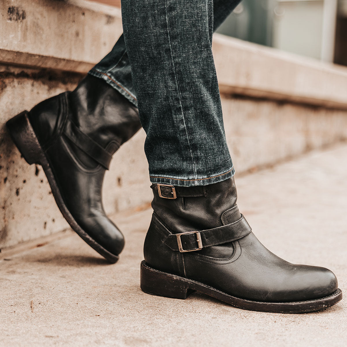 FREEBIRD men's Charles black leather boot with full grain leather, dual leather straps and a rounded toe