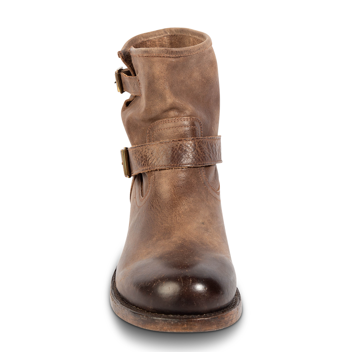 Front view showing in-step leather strap on FREEBIRD men's Charles brown distressed leather boot