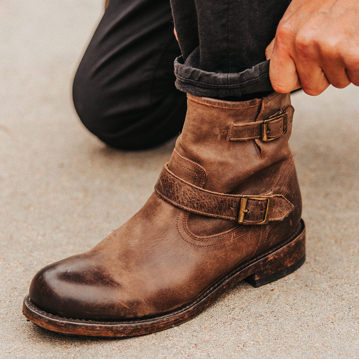 FREEBIRD men's Charles brown leather boot with full grain leather, dual leather straps and a rounded toe