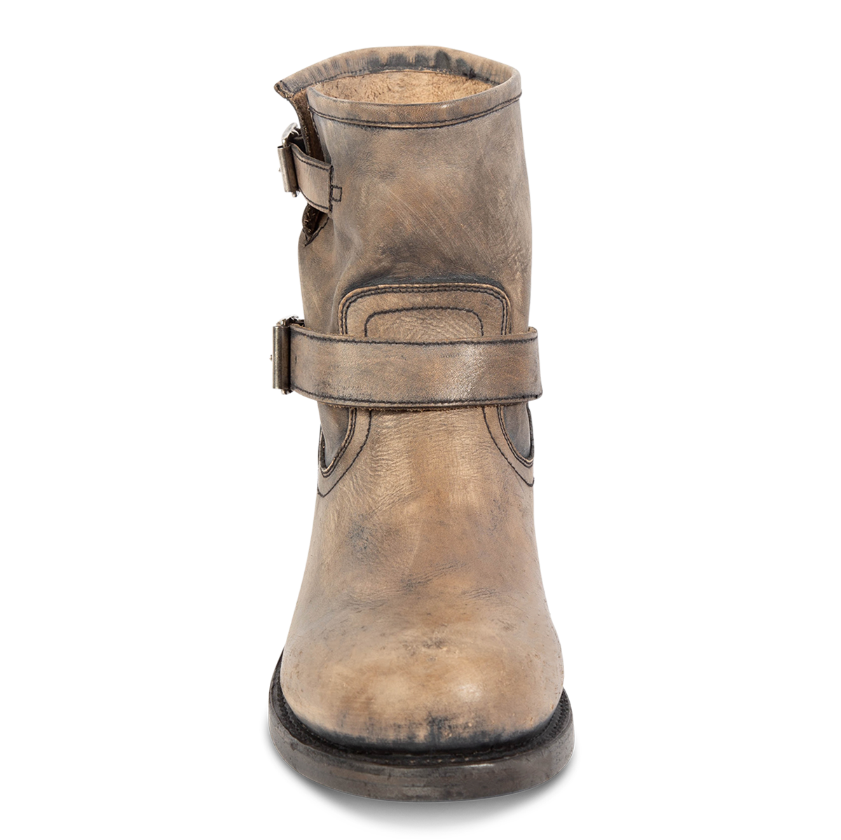 Front view showing dual leather straps and decorative shaft stitching on FREEBIRD men's Charles stone leather boot 
