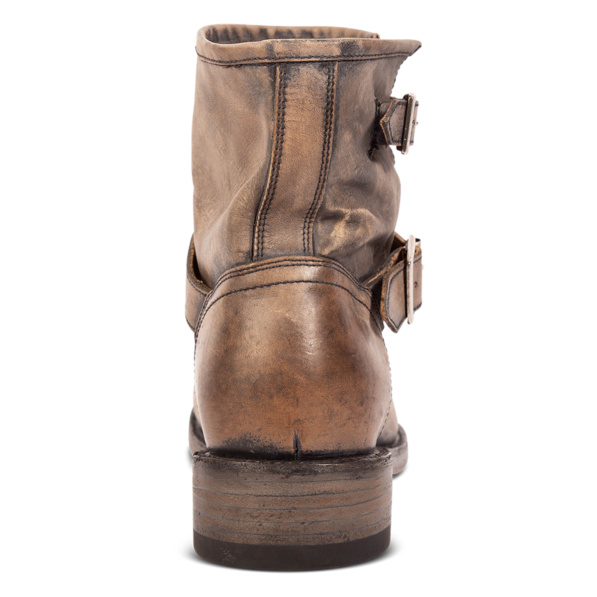 Back view showing a low block heel and dual leather straps on FREEBIRD men's Charles stone leather boot