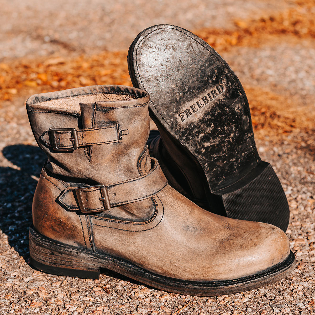 FREEBIRD men's Charles stone leather boot with full grain leather, dual leather straps and a rounded toe