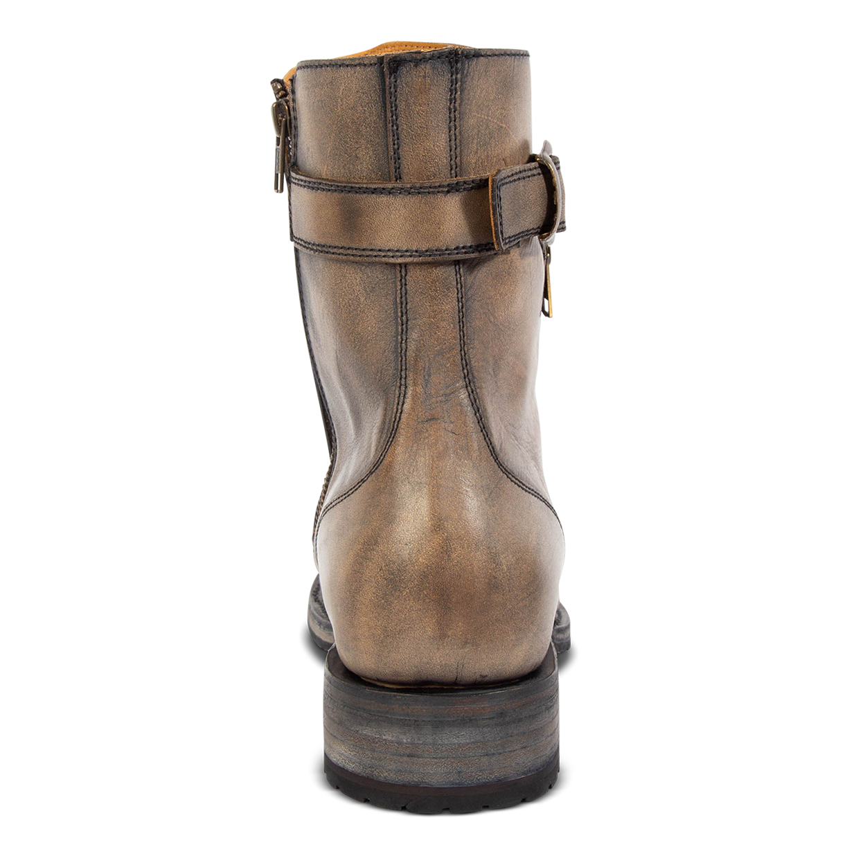 Back view showing adjustable rear buckle and low block heel on FREEBIRD men's Chayse black leather boot