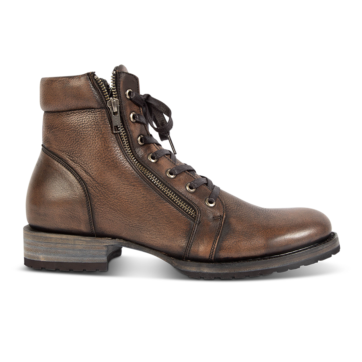 FREEBIRD men's Chevy black leather boot with Goodyear welt and rubber tread sole, double paired zip closures and adjustable front lacing