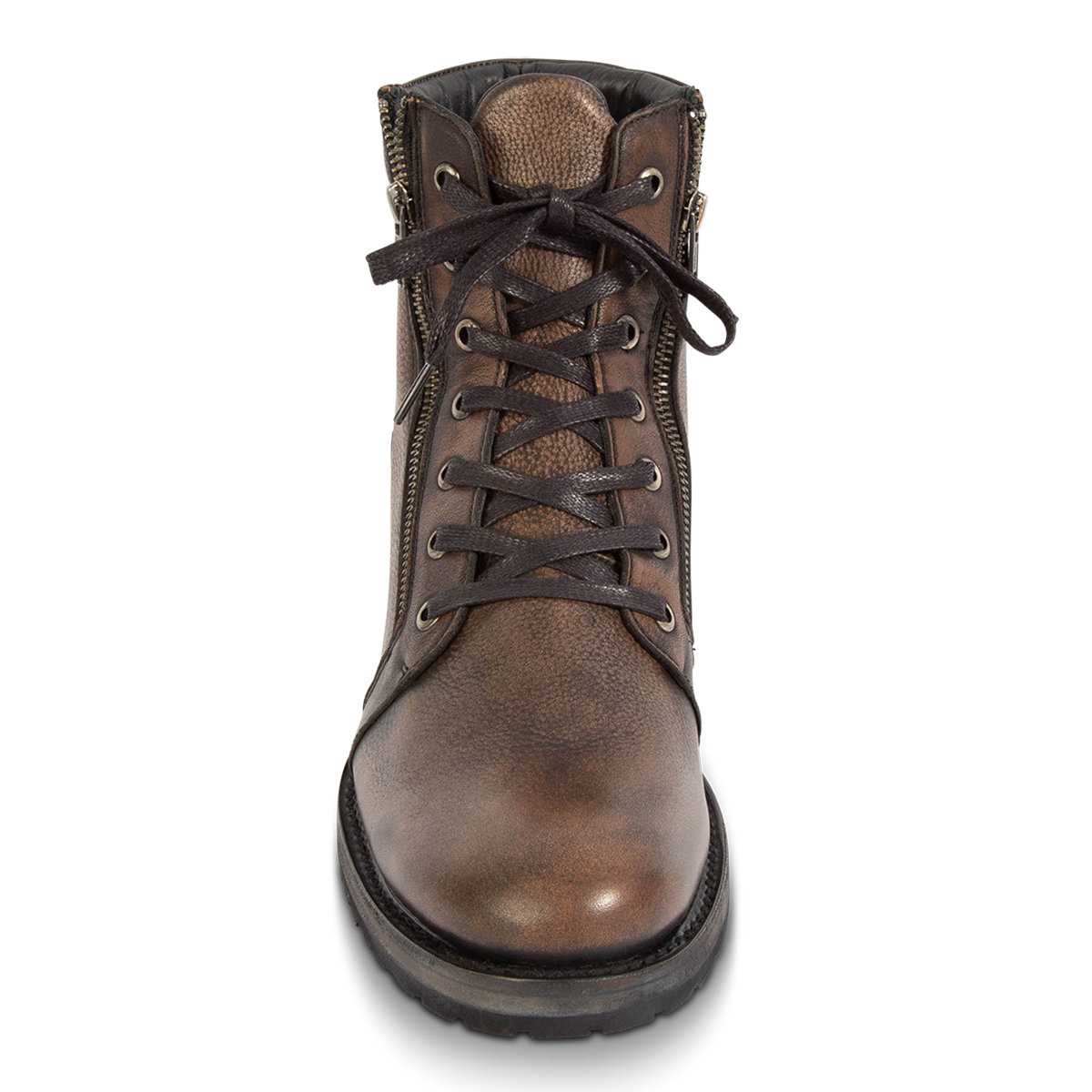 Front view showing symmetrical brass zipper closures and front tie lacing on FREEBIRD men's Chevy black leather boot
