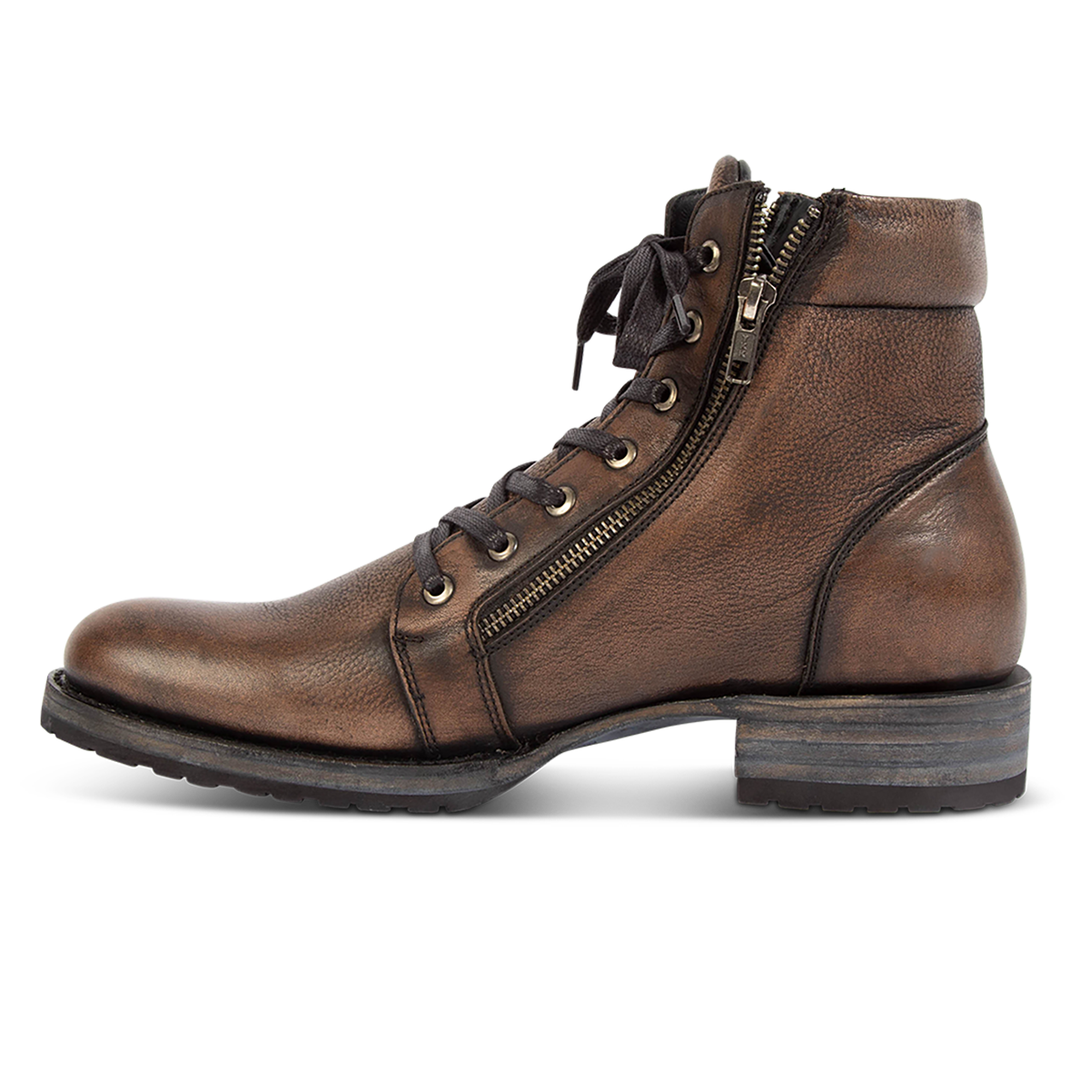 Side view showing brass zipper closure, low block heel and front lacing on FREEBIRD men's Chevy black leather boot