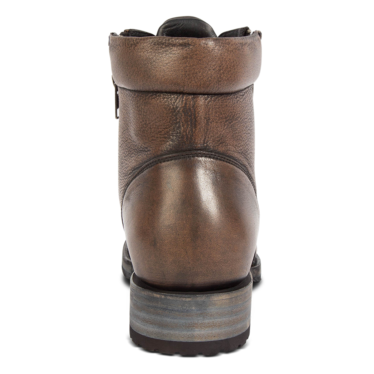 Back view showing low block heel on FREEBIRD men's Chevy black leather boot