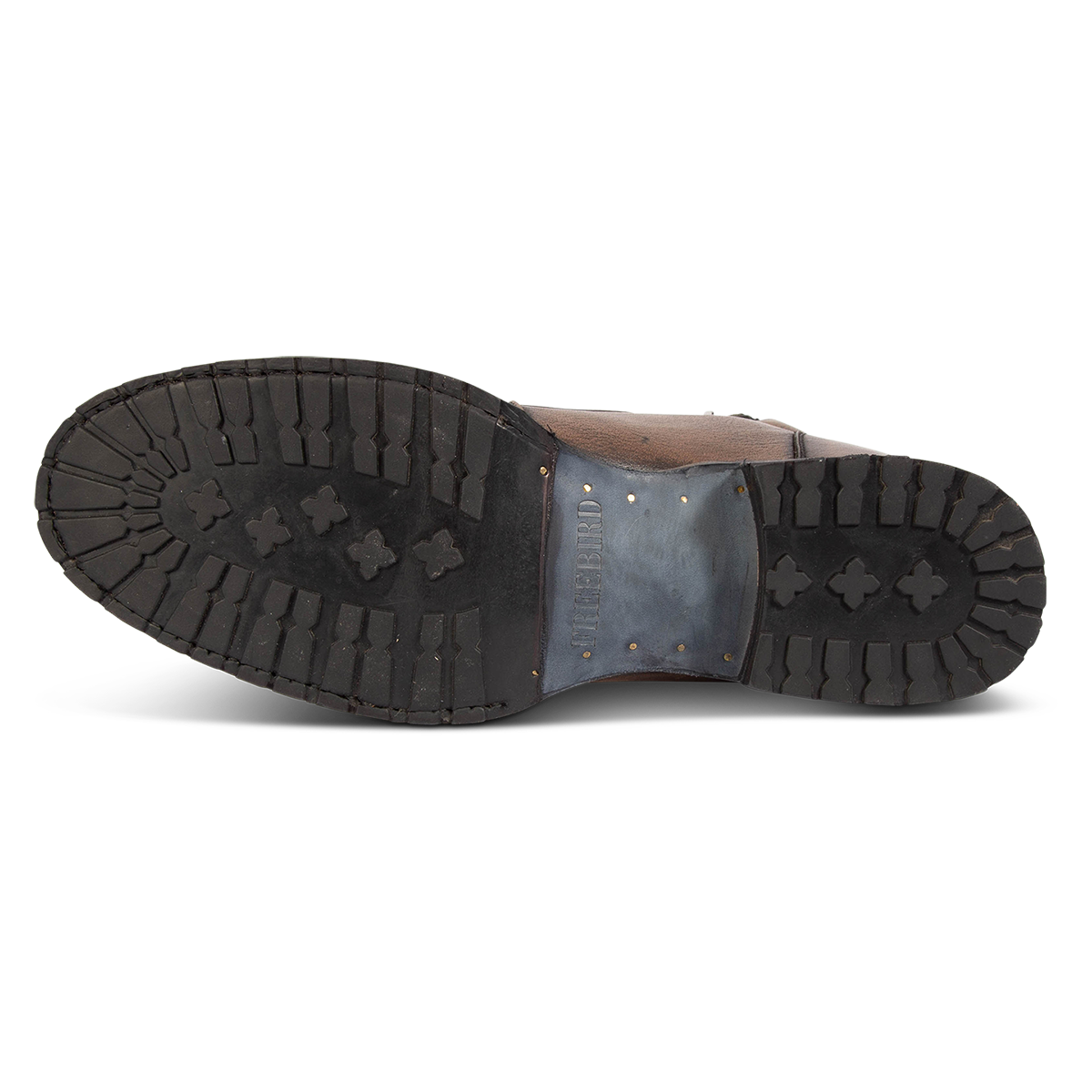 Showing rubber tread sole on FREEBIRD men's Chevy black leather boot