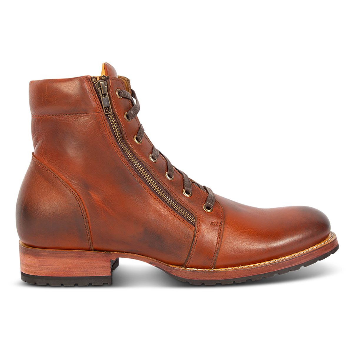 FREEBIRD men's Chevy rust leather boot with Goodyear welt and rubber tread sole, double paired zip closures and adjustable front lacing