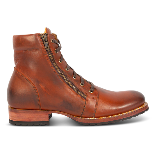 FREEBIRD men's Chevy rust leather boot with Goodyear welt and rubber tread sole, double paired zip closures and adjustable front lacing