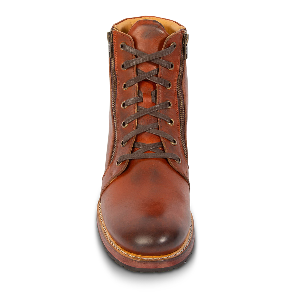 Front view showing symmetrical brass zipper closures and front tie lacing on FREEBIRD men's Chevy rust leather boot