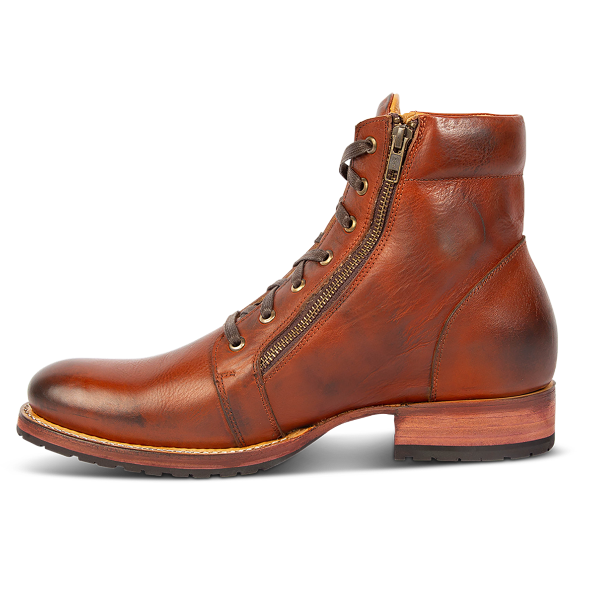 Side view showing brass zipper closure, low block heel and front lacing on FREEBIRD men's Chevy rust leather boot