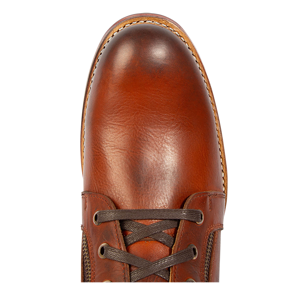 Top view showing rounded toe on FREEBIRD men's Chevy rust leather boot