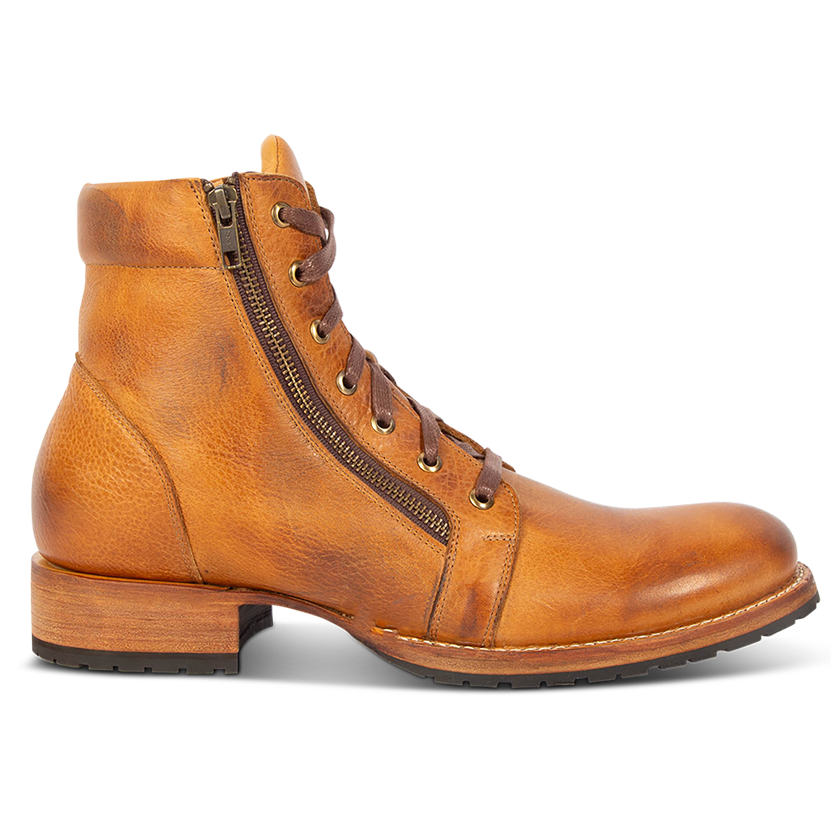 FREEBIRD men's Chevy tan leather boot with Goodyear welt and rubber tread sole, double paired zip closures and adjustable front lacing