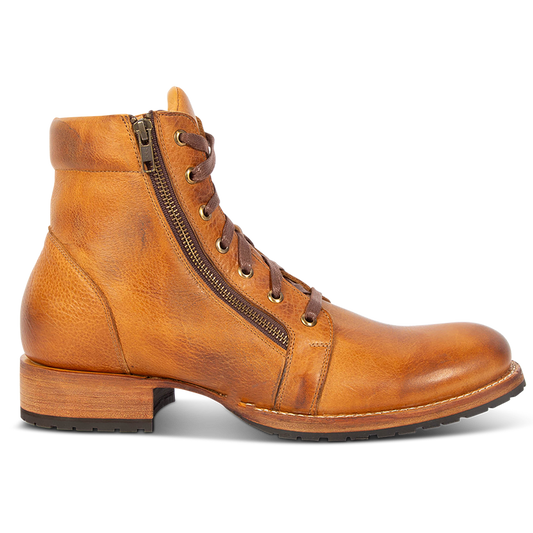 FREEBIRD men's Chevy tan leather boot with Goodyear welt and rubber tread sole, double paired zip closures and adjustable front lacing