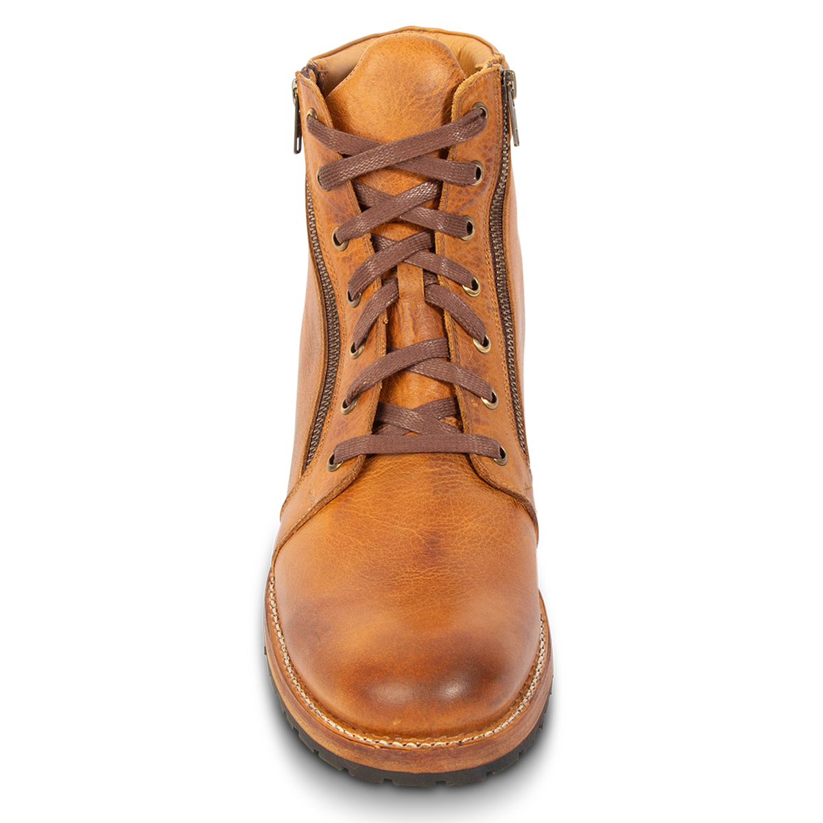 Front view showing symmetrical brass zipper closures and front tie lacing on FREEBIRD men's Chevy tan leather boot