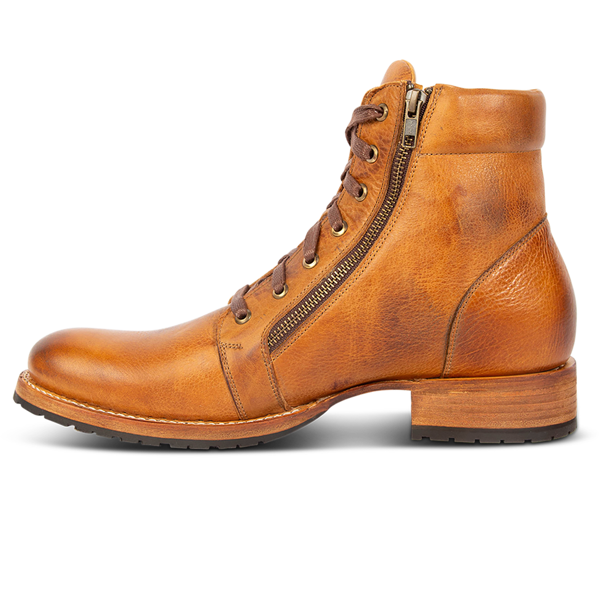 Side view showing brass zipper closure, low block heel and front lacing on FREEBIRD men's Chevy tan leather boot